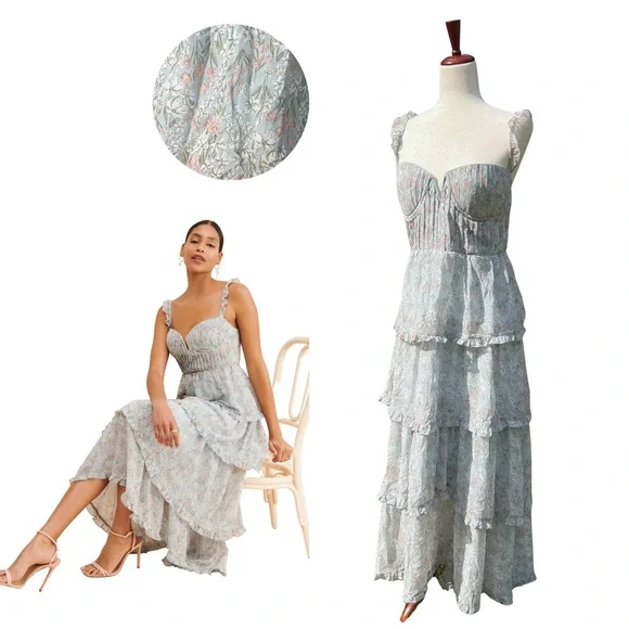 NWT ASTR the Label Midsummer Multi Floral Tiered Maxi Blue Dress Size XL Spring - Picture 2 of 9